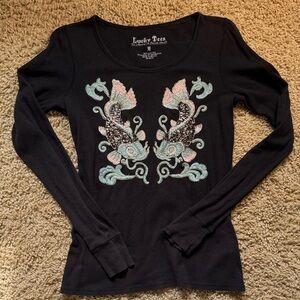 Lucky Brand KOI fish sequin embroidered thermal crew neck tee tshirt black Med